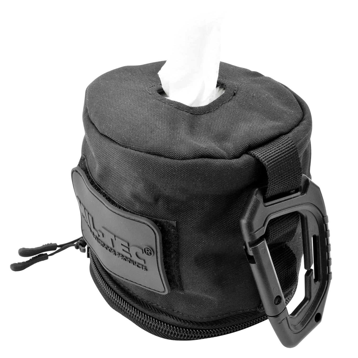 Tasche für Toilettenpapier in Schwarz mit Reißverschluss, Karabiner und Patchfläche