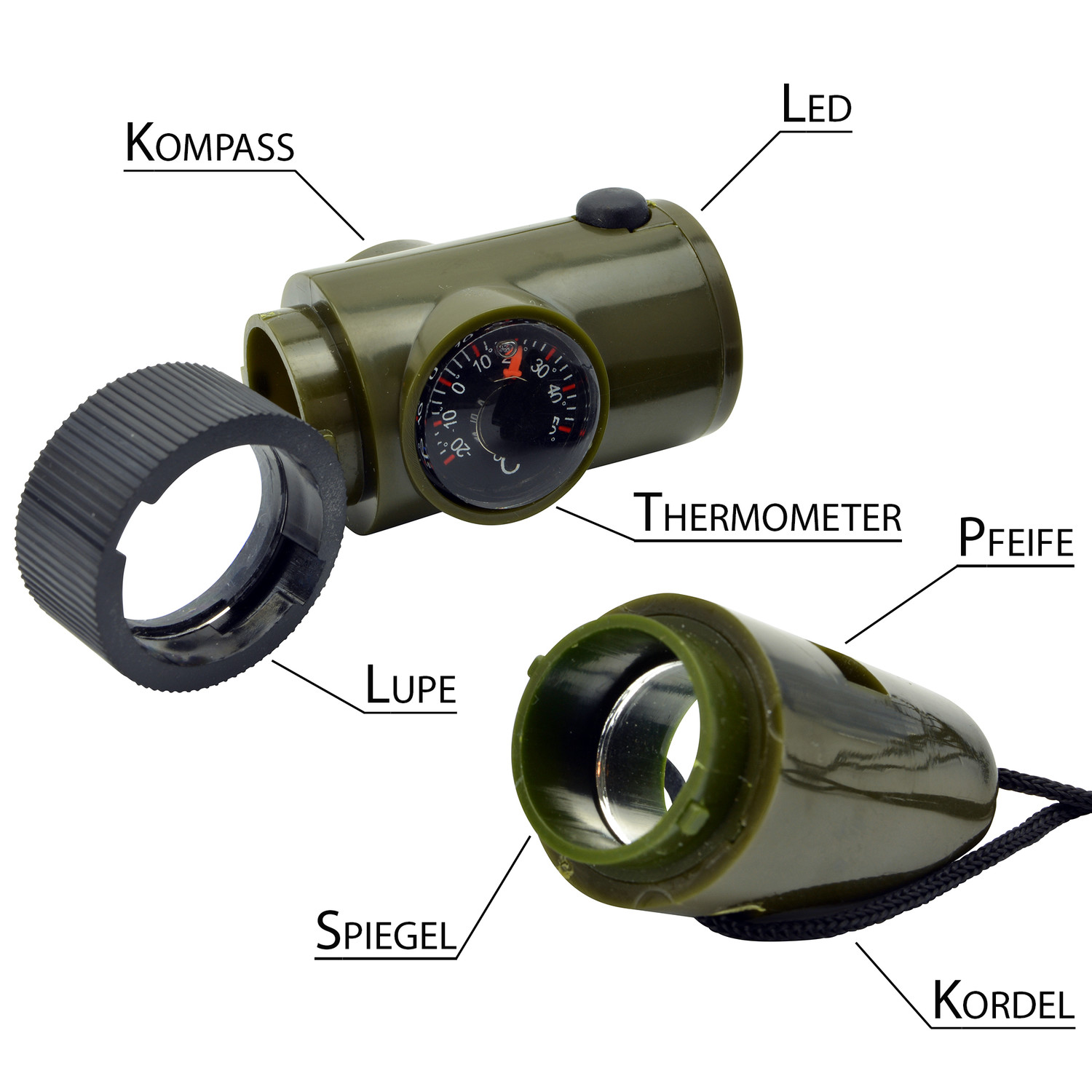 Survival-Tool 6-in-1 mit Pfeife, LED, Kompass und mehr - Simigu Outdoor  Equipment