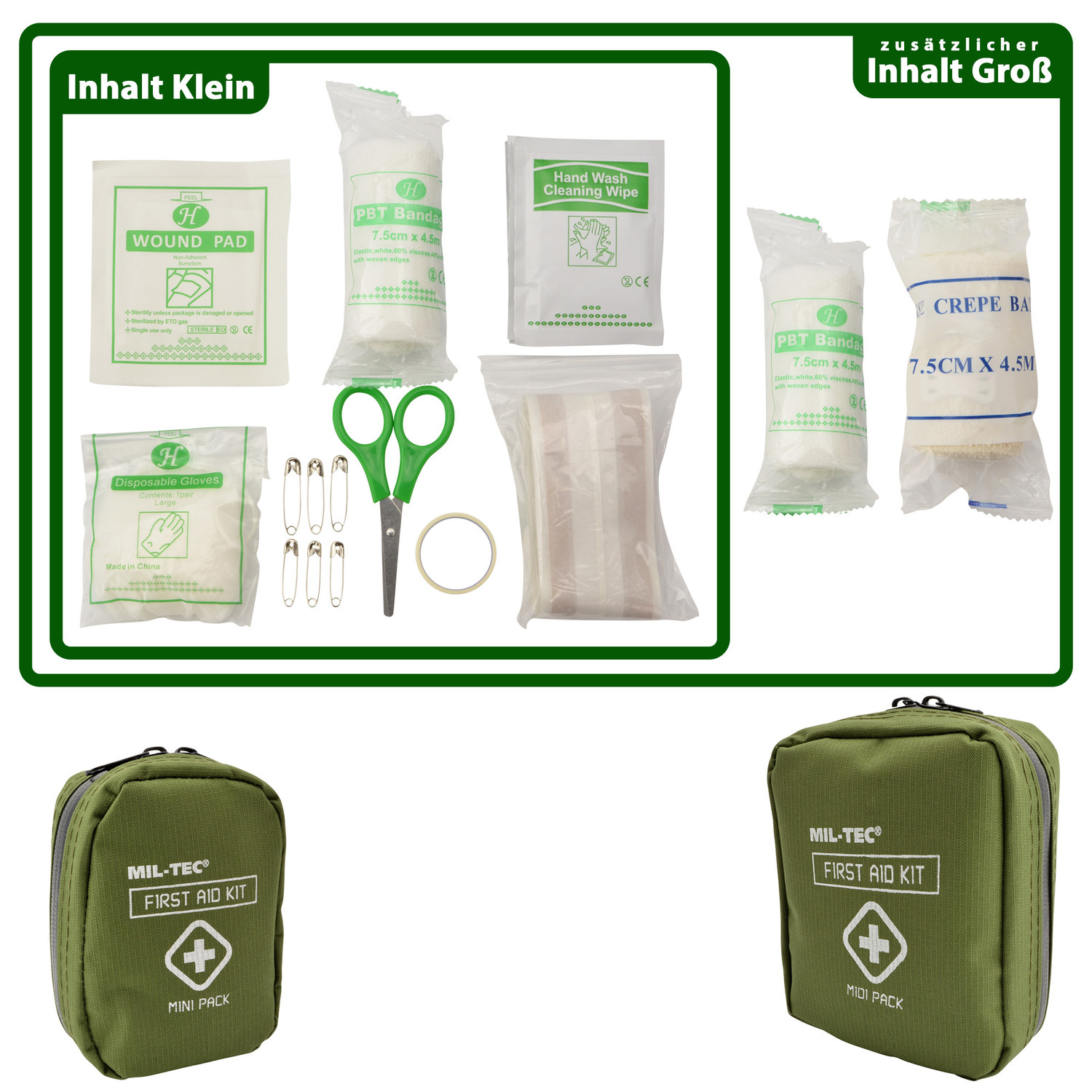 Mil-Tec First Aid Kit Mini und Midi - kompakte Reißverschlusstasche mit Erste  Hilfe Material - Simigu Outdoor Equipment