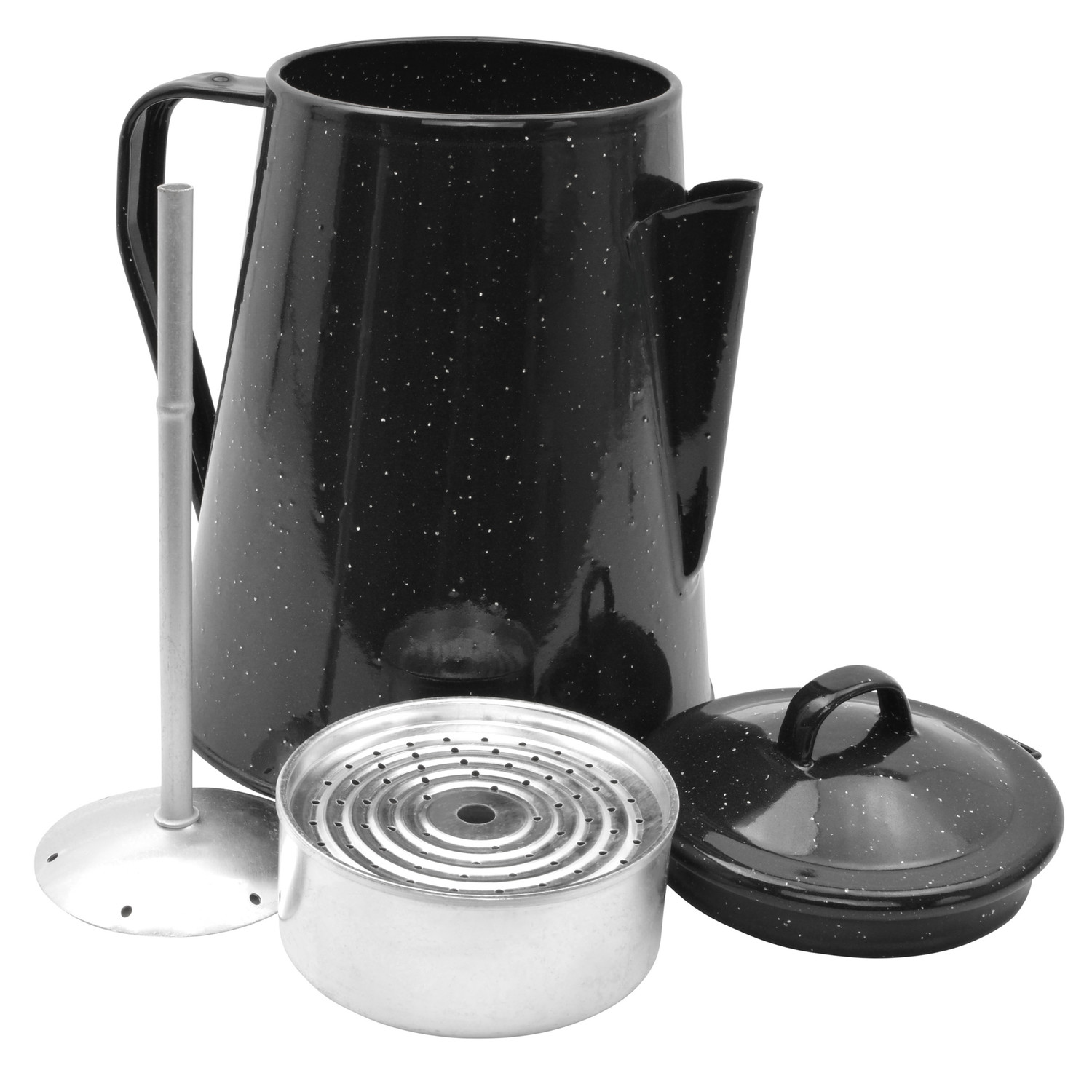 Western Kaffeekanne Emaille in Schwarz mit Perkolator, 2 Liter Fassungsvermögen