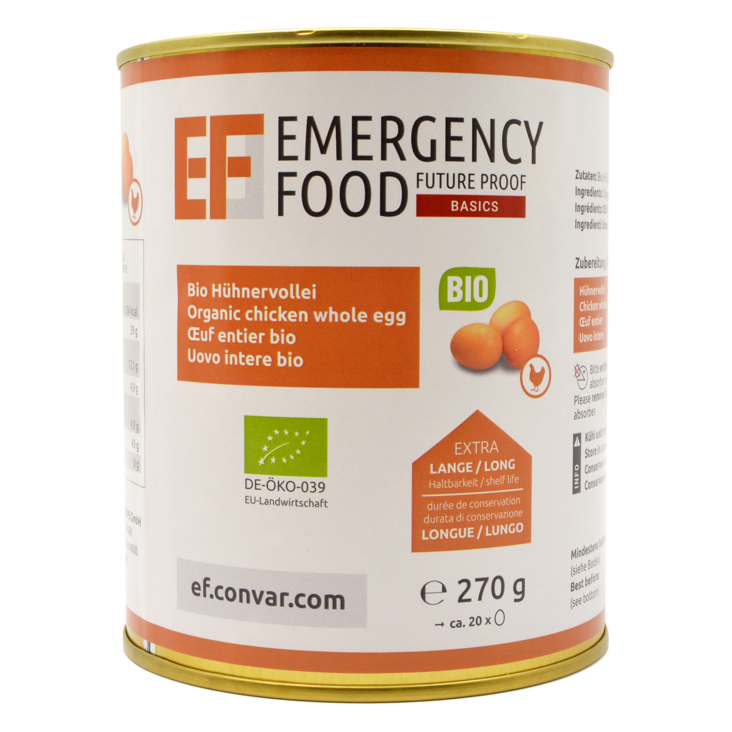Convar EF Emergency Food Bio Hühnervollei 270 g Dose - 15 Jahre haltbar