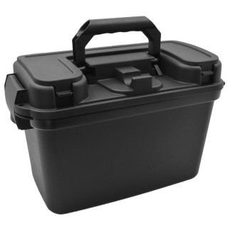 Kunststoffbox in Schwarz mit Klappdeckel, Kleinteilfach und Zwischenboden